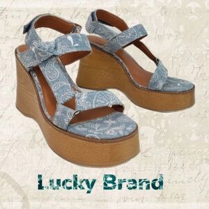 Lucky Brand Demmia Blue Denim Paisley Adj. Back Strap Platform Wedge Sz 7 Boho